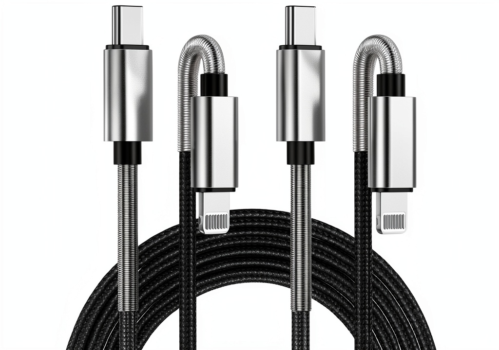 Installing USB‑C to Lightning Cable Kitminun 10ft Silver on a wooden desk