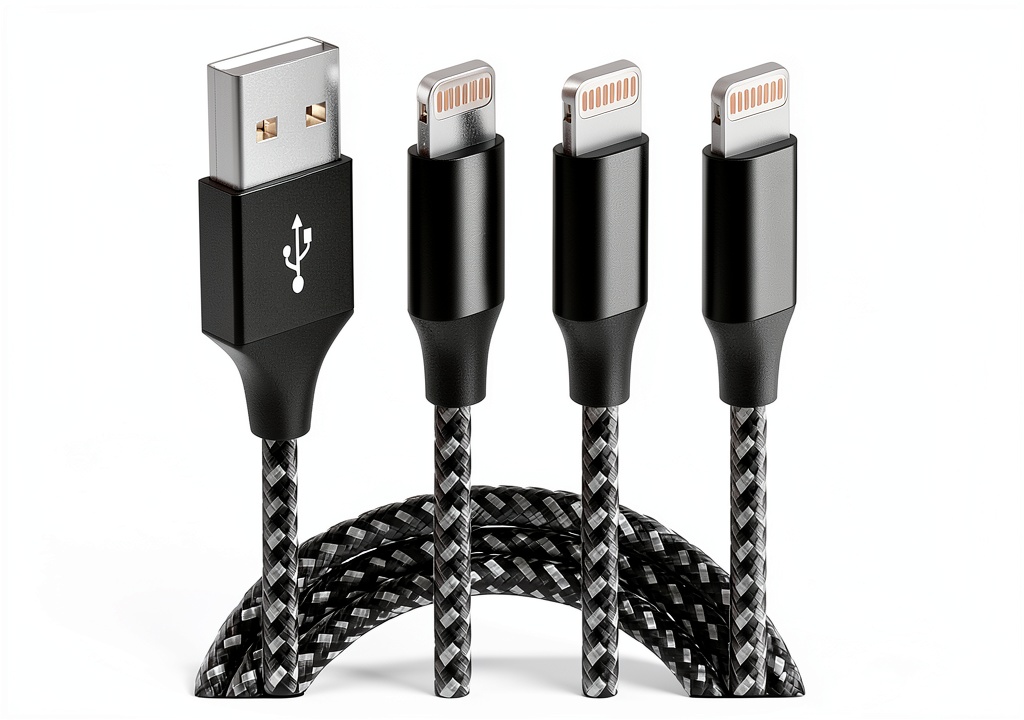 User charging iPhone on a sofa with a long nylon‑braided Lightning cable