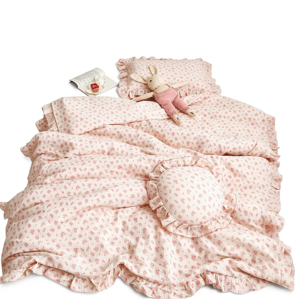 Child’s bedroom showing BuLuTu kids muslin duvet cover being unboxed on a low‑bed with toys around
